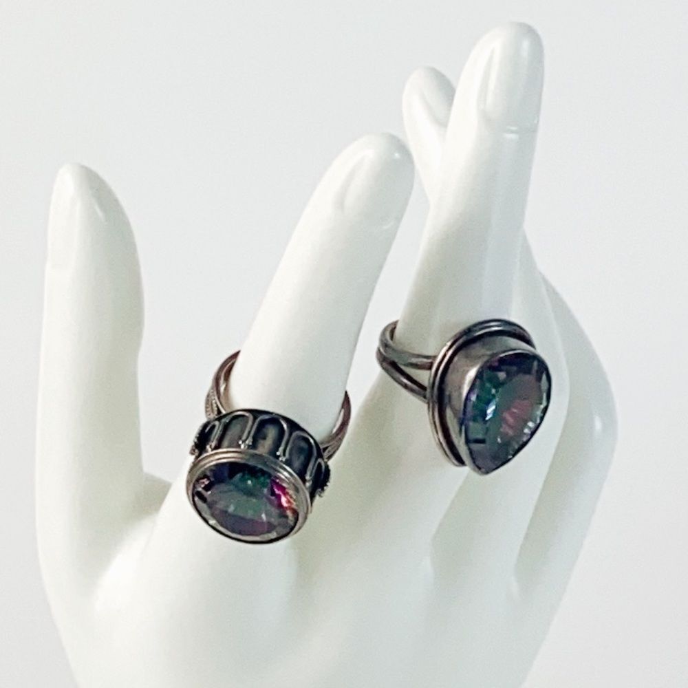 Vintage Sterling Silver Large Mystic Topaz Ring Sz 7 Set (2)